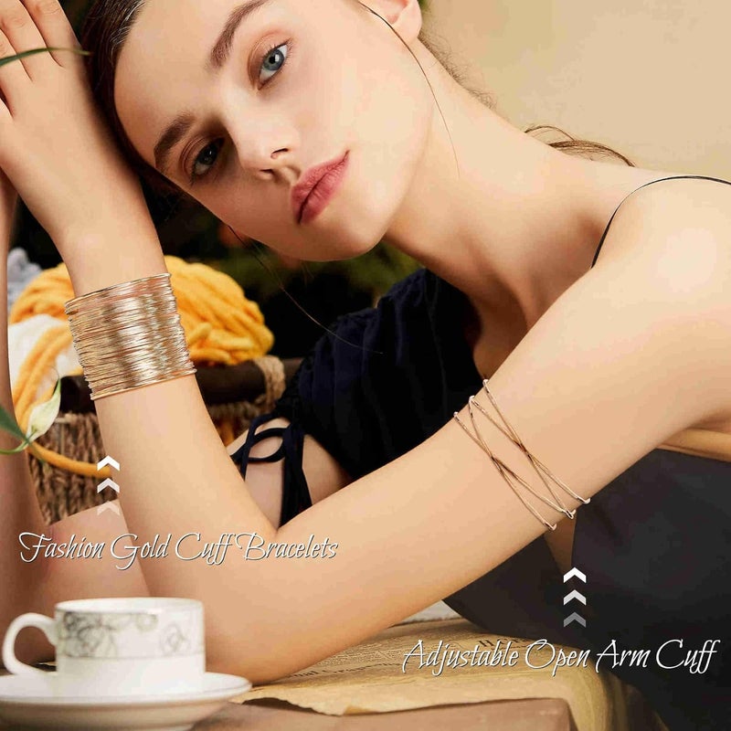 Masedy 4PCS Gold Arm Cuff Bracelets for Women Chunky Open Wrap Cuff Bracelet Set Adjustable Upper Arm Bracelet Bangle Statement Bracelet Minimalist Irregular Armband Coil Swirl Arm Jewelry - Image 5